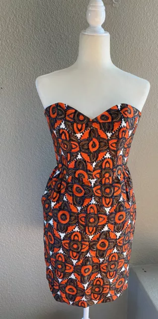 MILLY Of New York Size 4 Strapless Dress Sweetheart Red Brown Geometric Print