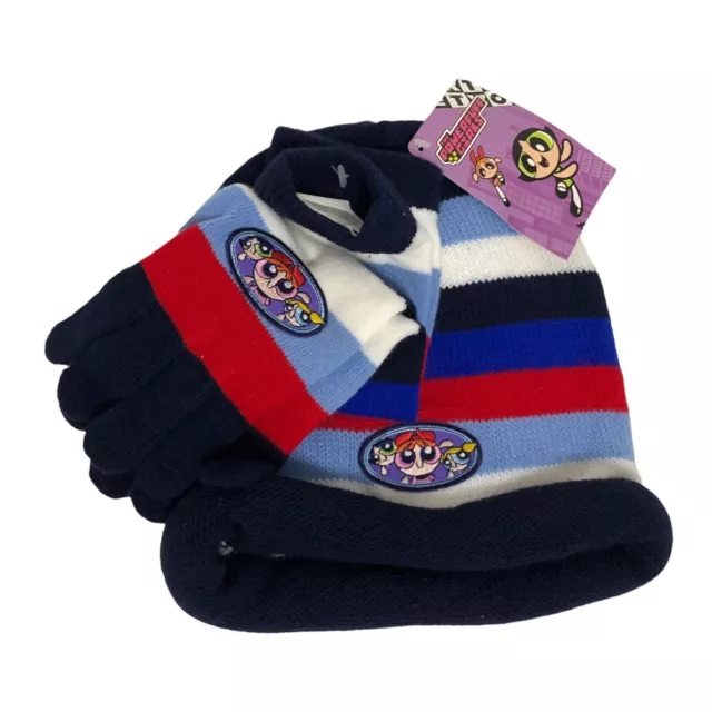 POWERPUFF GIRLS  HAT and Gloves Set NEW Knit Beanie Cap NWT Striped Patches