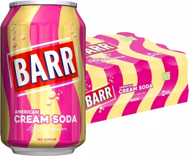 BARR since 1875, Cream Soda, 24 pack Fizzy Drink Cans, No Sugar, 24 x 330 ml