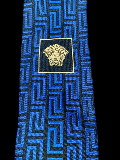 Versace Tie Luxury Blue Black Medusa Iconic Geometric Pattern Necktie 3