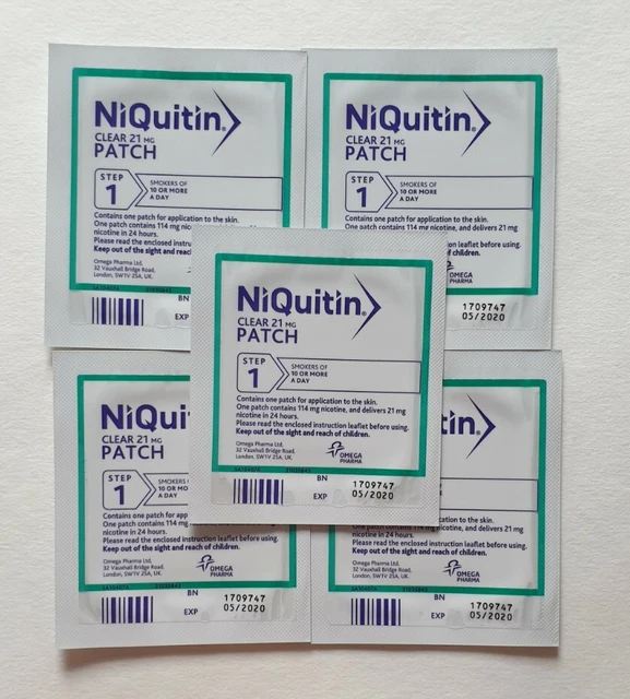 5 parches transparentes de NiQuitin 21 mg paso 1 - caducados 05/2020