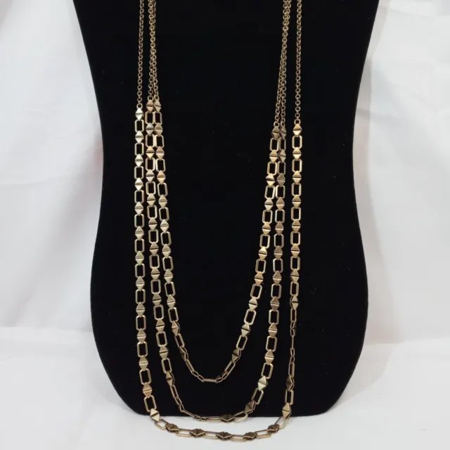 Lucky Brand Triple Strand Gold Geometric Link  Necklace Triangles Layered 31”