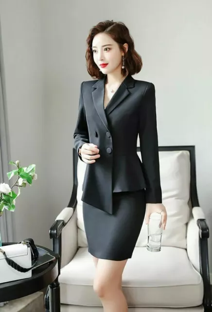 Tailleur completo donna nero giacca manica lunga gonna corta tubino slim 4890