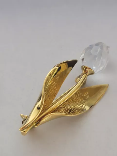 SWAROVSKI Swan Logo Crystal Flower Rose With Stem Gold Tone Brooch Pin. Read