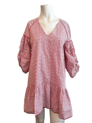 Zara Basic Medium Red White Striped Dress Embroidered Eyelet Ruffled Oversized