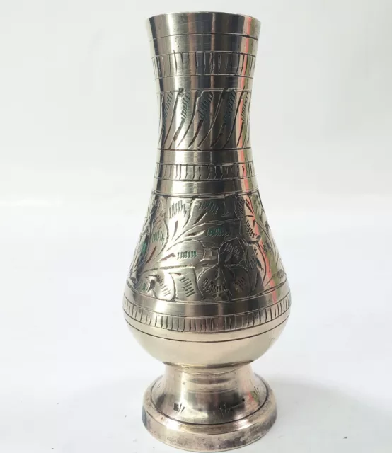 Vintage Brass Bud Vase Etched & Hand Painted   ENGRAVED FLORAL Made in India. 5"