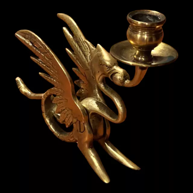Antique French Gargoyle Griffin Candleholder Brass Heavy Taper Gothic Victorian