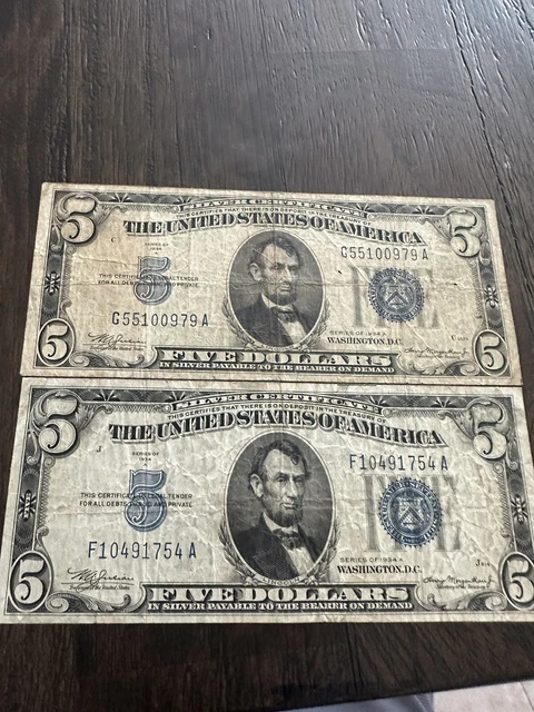 1934 A Five DOLLAR SILVER CERTIFICATE $5 Note Bill (two)