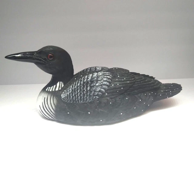 Vintage Hand Painted Resin Loon Figurine Decoy Red Glass Eyes - Solid 15 inches