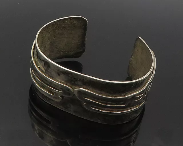 925 Sterling Silver - Vintage Brutalist Pattern Oxidized Cuff Bracelet - BT7624