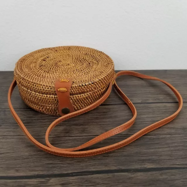 Round Woven Rattan Straw Basket Fabric Lined Crossbody Purse Boho Circle Bag
