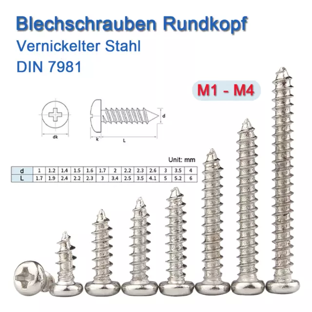 Blechschrauben Kreuzschlitz Rundkopf Linsenkopf Ø 1-4mm x Lg: 3-12mm DIN 7981