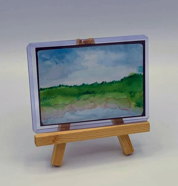 ACEO Water Color Art Card Original painting river bank green field landscape