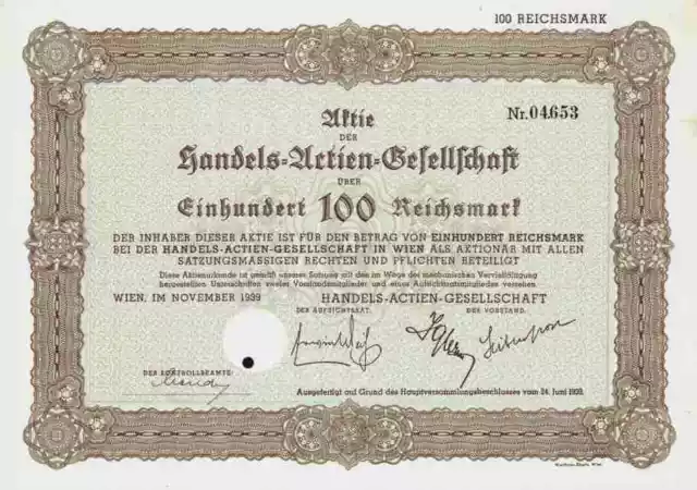 Handels Actien Wien 1939 Österreich 100 RM Stammaktie Agram Budapest Kratochwill