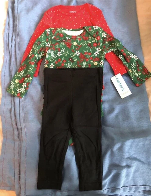 Carters Christmas 3pc Baby Girl Set 2 One Pieces & Ruffle Pant 12 Month