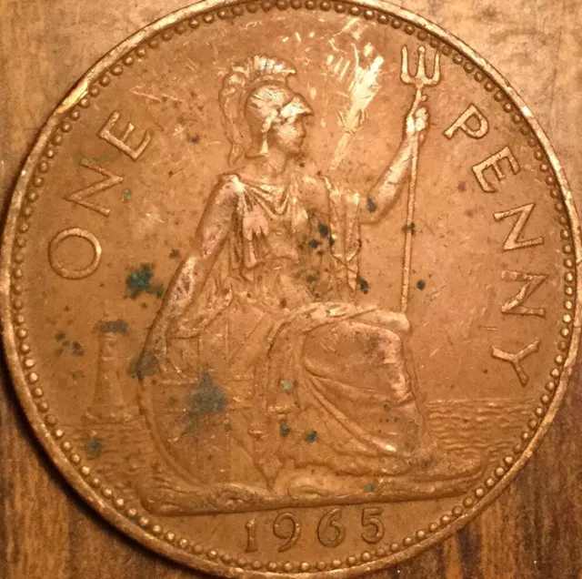 1965 Uk Gb Great Britain One Penny Coin