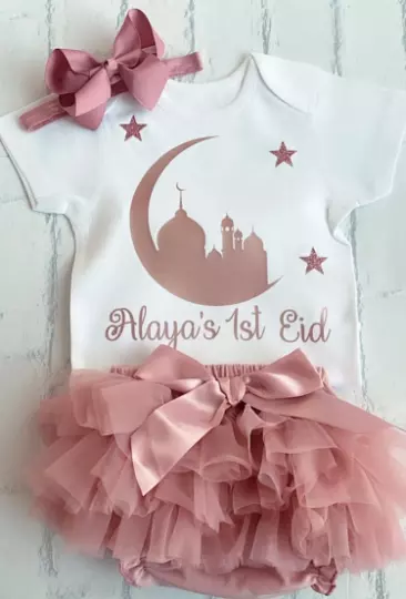 Rose Gold Personalised Baby Girls First Eid Mubarak Frilly Tutu Knicker Outfit