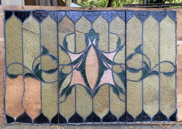 Antique Victorian Leaded Slag Stained Glass Window Beveled 48.5"x32" #B