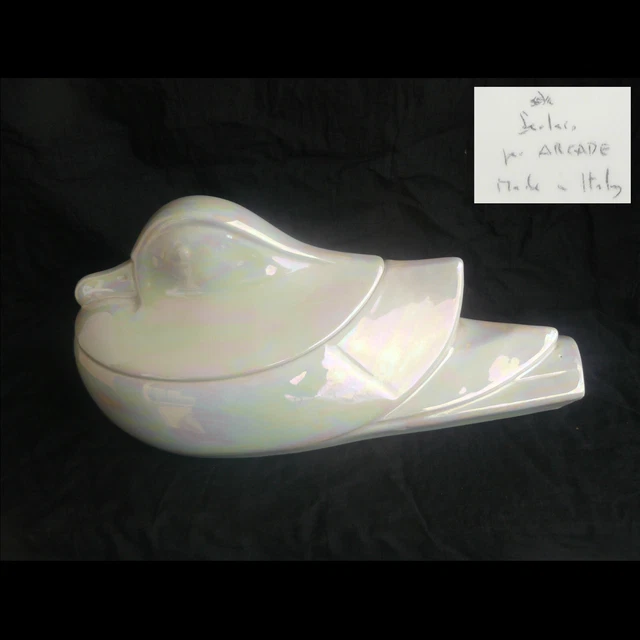 große Porzellanbonboniere Ente Perlmutt Italien signiert Arcade 34 cm | 13 3/8"