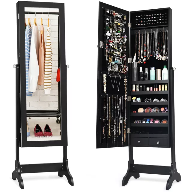 Mirrored Jewelry Cabinet Armoire Storage Organizer Box Stand w/Drawer Lockable