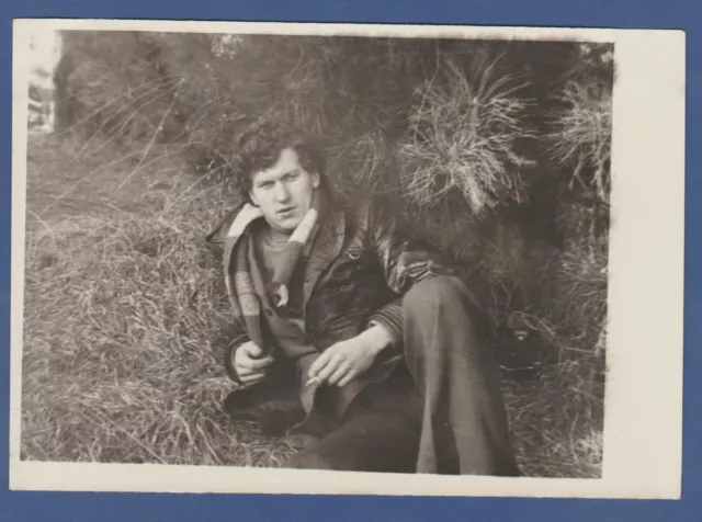 Handsome Guy smokes a cigarette outdoors in his jacket Soviet Vintage Photo USSR