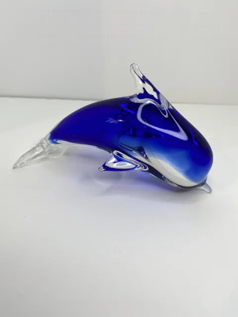 Vintage Art glass Cobalt blue to clear Dolphin paper weight Figurine