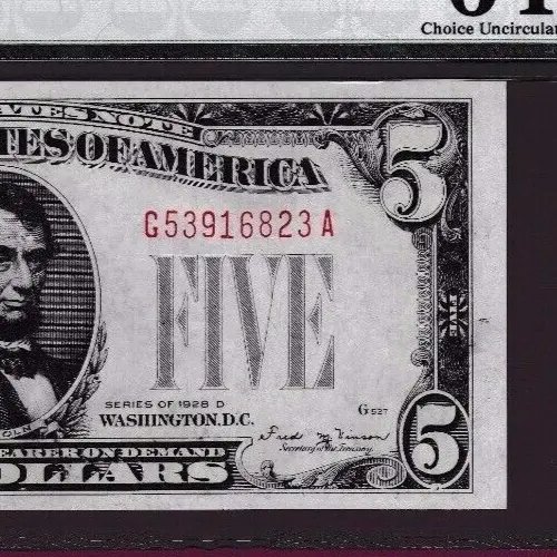 KEY DATE  $5  1928 D   LEGAL TENDER UNITED STATES NOTE G 53916823 A PMG Fr. 1529