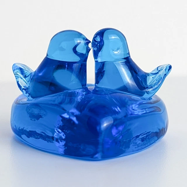 VTG Bluebirds Of Happiness, Cobalt Blue Glass Heart, Signed Ron Trumbull 1986