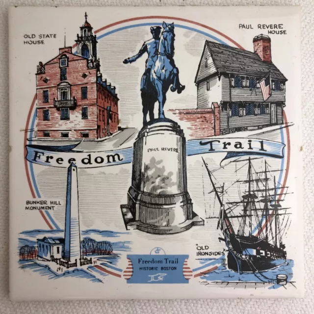 Vintage BOSTON FREEDOM TRAIL Ceramic Trivet Tile Cork Back 6” Square ESTATE