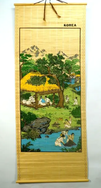Vintage Bamboo Korean picnic scene fishing Hanging Scroll Wall Art 32.5 X 13