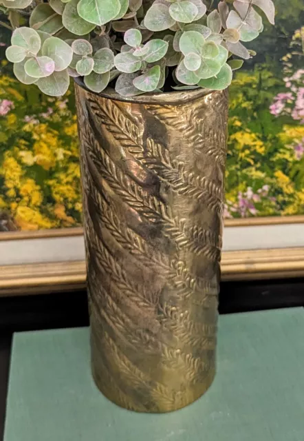 Vintage Embossed Vase Brass MCM Retro Patina