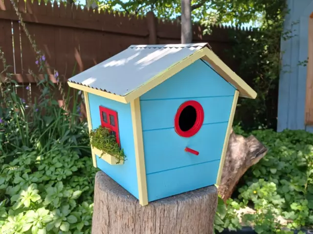 French Quarter Style Birdhouse with Corrugated Metal Roof - Blue w/ Yellow  Trim