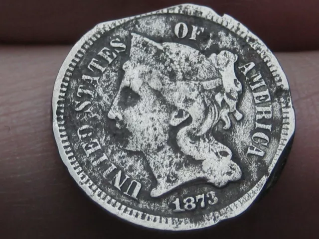 1873 Three 3 Cent Nickel- Open 3, VG/Fine Details, Clipped Planchet
