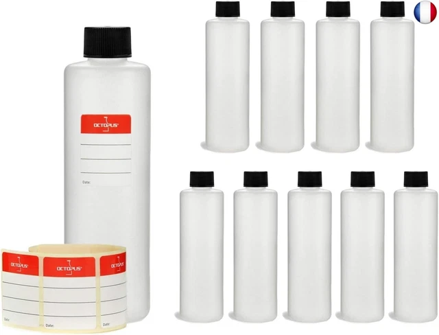 5 Bouteilles Plastique 250ml PE-HD Avec Bouchon à Charnière Noir - Étiquettes Incluses - Octopus