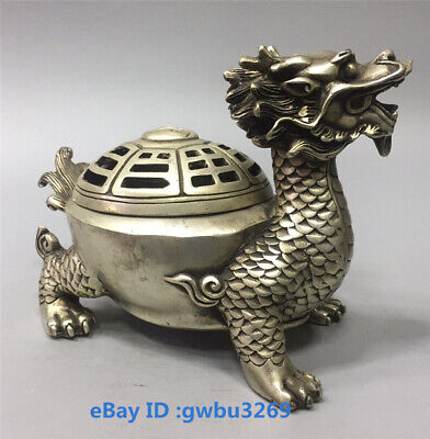 China old Tibet silver Handwork carved Dragon turtle statue incense burner 21632