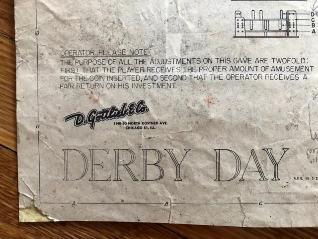 Original Gottlieb Derby Day EM Pinball Machine Manual Schematics FREE SHIP