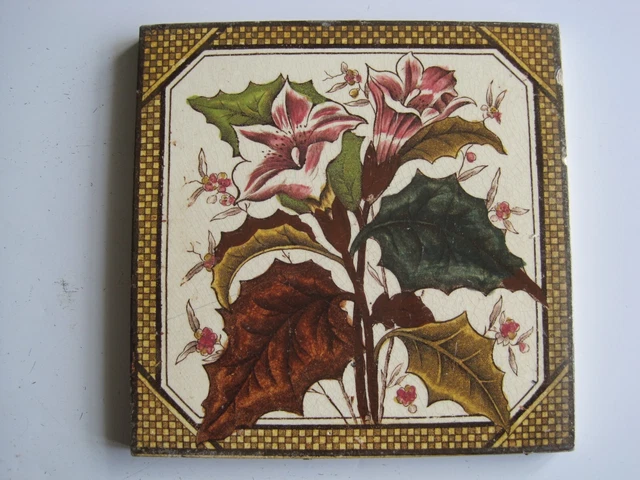 ANTIQUE VICTORIAN 6" SQ. TRANSFER PRINT & TINT FLORAL TILE No.12 C1895