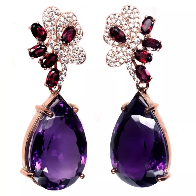 15 X 22 Mm. Purple-Amethyst Rhodolite-Garnet Boucles D'Oreilles Argent 925