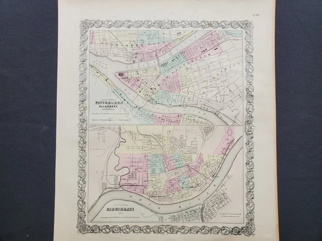 1855 Colton Map - Pittsburgh PA + Cincinnati OH Landmarks -100% Genuine Antique
