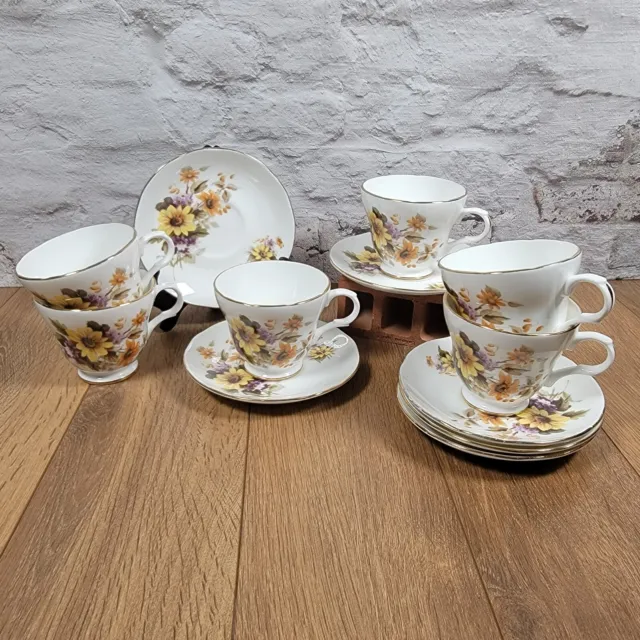 x6 Crown Trent English Bone China Staffordshire Sunflower Tea Cup and Saucer Set