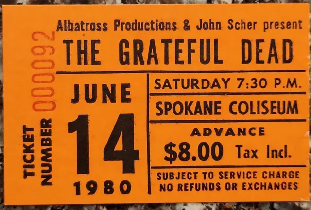 1980 Grateful Dead Spokane Coliseum WA 6/14 Concert Ticket Stub Mt Saint Helens