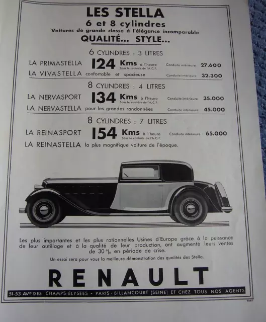 PUBLICITÉ de presse automobile RENAULT Les STELLA 6 ET 8 CYLINDRES   1933