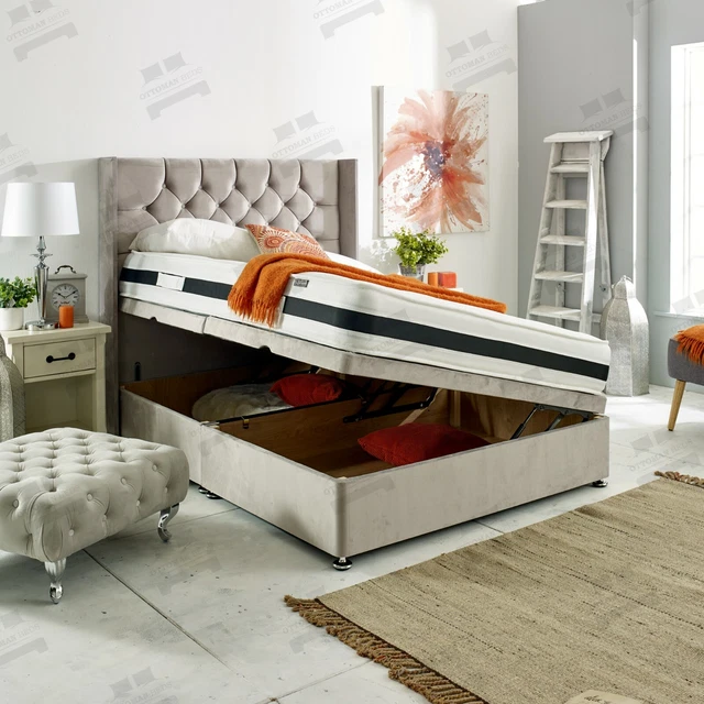 WINGED CHESTERFIELD UPHOLSTERED Divan Ottoman Storage Bed Frame Base