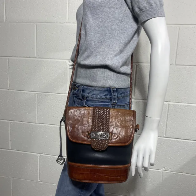 Vintage BRIGHTON Melanie Croc Black/Brown Leather Crossbody Bag Shoulder Bucket