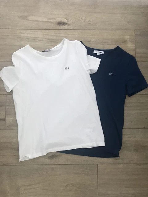 LOT of 2 LACOSTE Women’s 100% Cotton T Shirt White Blue Size 40-42 LOT of 2 LACOSTE Women’s 100% Cotton T Shirt White Blue Size 40-42