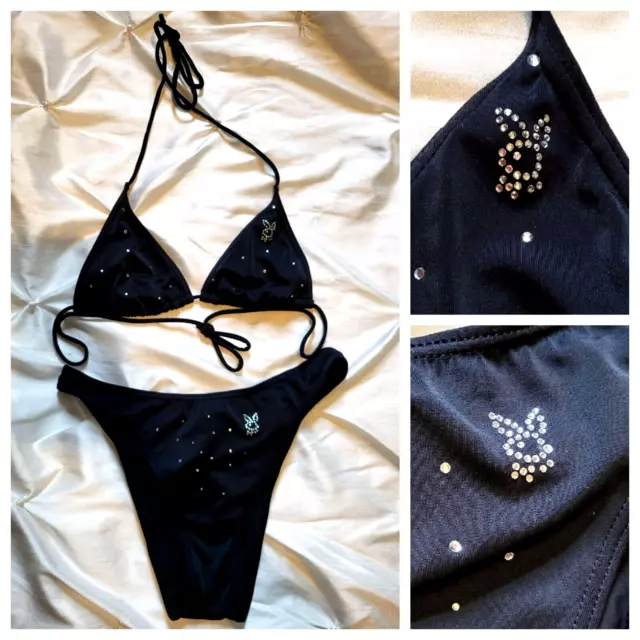 VTG Playboy 2pc Bikini Swim Set Hi Hip Sparkle Rhinestone Bunny Adjustable S - L