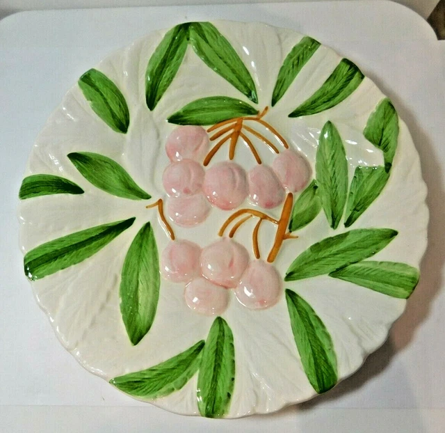 Vtg Shafford Majolica Fruit Du Jour Green Pink Cherries Dish Made in Philippines