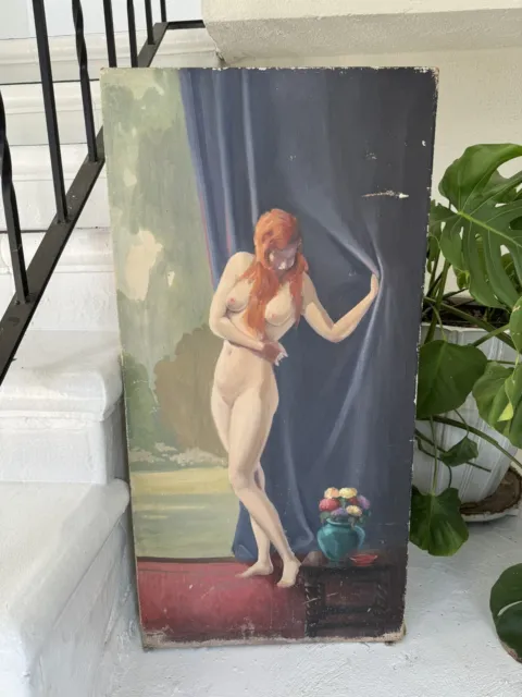 Oil Painting Antique Nude Red Hair Women On Canvas Vintage Art Lady Unkwn Artist