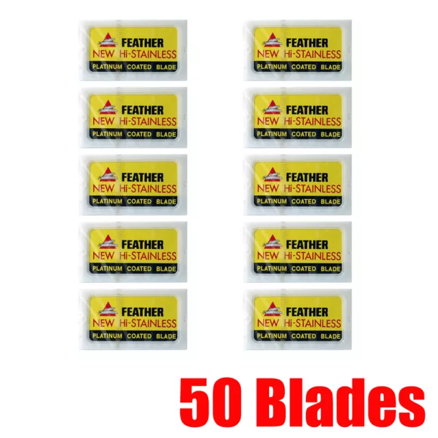 50 Feather Razor Blades Yellow Pack HI-STAINLESS Double Edge Platinum Coated