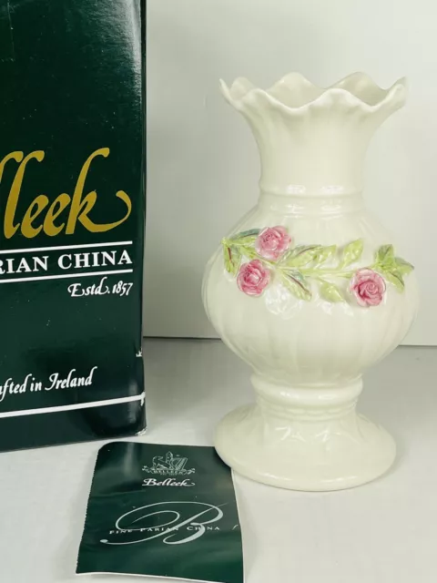 IRISH BELLEEK PORCELAIN PINK ROSE POTTERY 0674 Ribbon Spill Vase IRELAND NEW